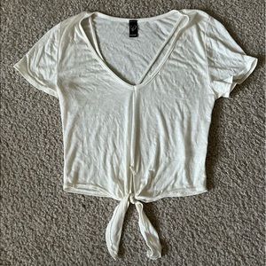 Windsor White Cropped V-Neck Tee with Tie Front Detail